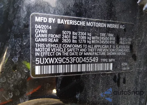 2015 BMW X3 xDrive28I z USA, uszkodzony, nr VIN 5UXWX9C53F0D45549